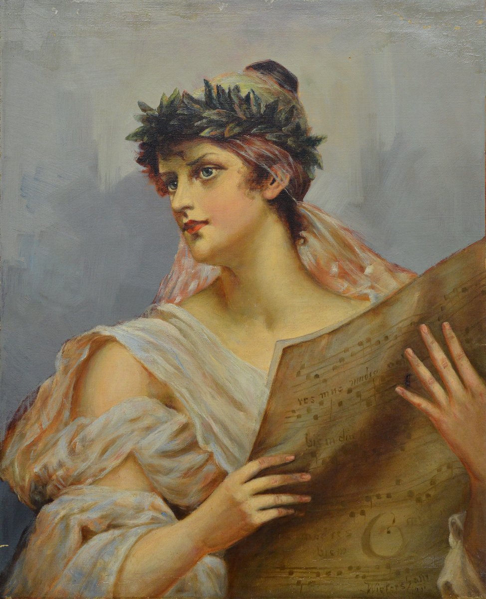 Late 19th Century European Romantic Allegorical Portrait Muse Oil Canvas Signed-photo-2