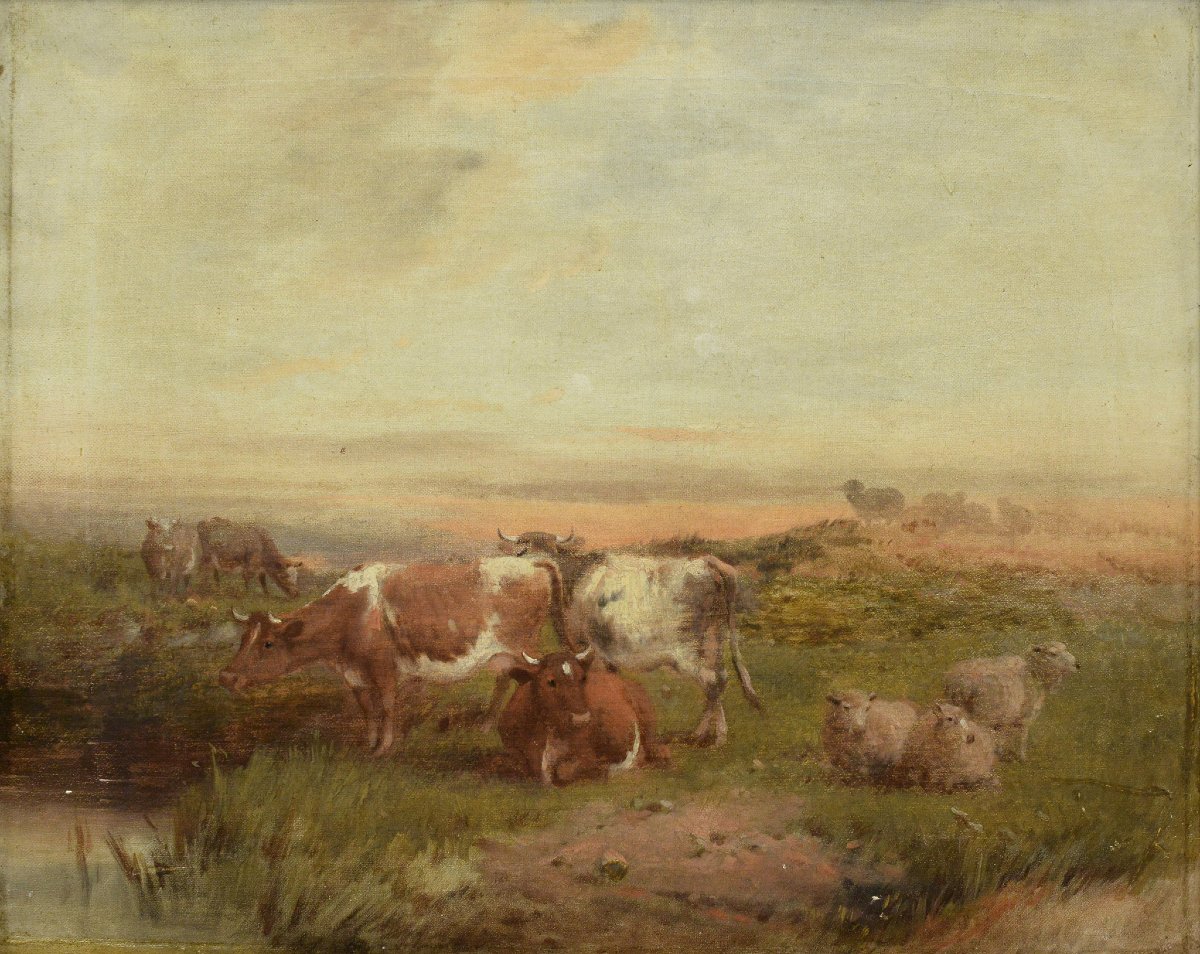 Paysage Pastoral Animalier Victorien 19e Siecle Vaches Moutons Huile Toile Signee-photo-2