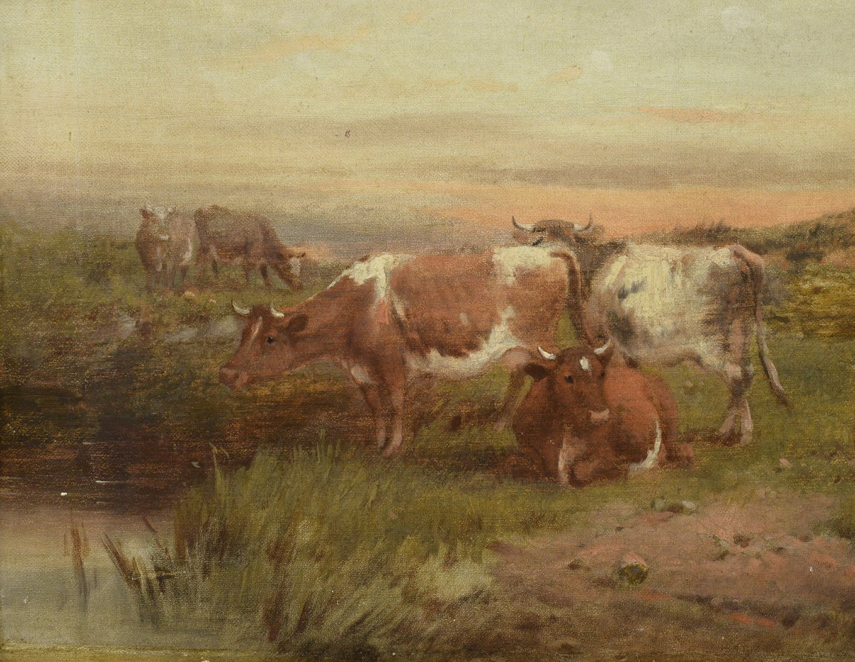 Paysage Pastoral Animalier Victorien 19e Siecle Vaches Moutons Huile Toile Signee-photo-3