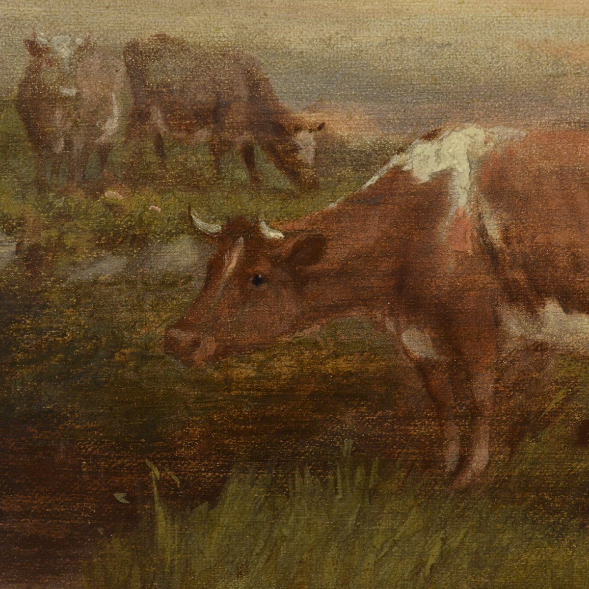 Paysage Pastoral Animalier Victorien 19e Siecle Vaches Moutons Huile Toile Signee-photo-2