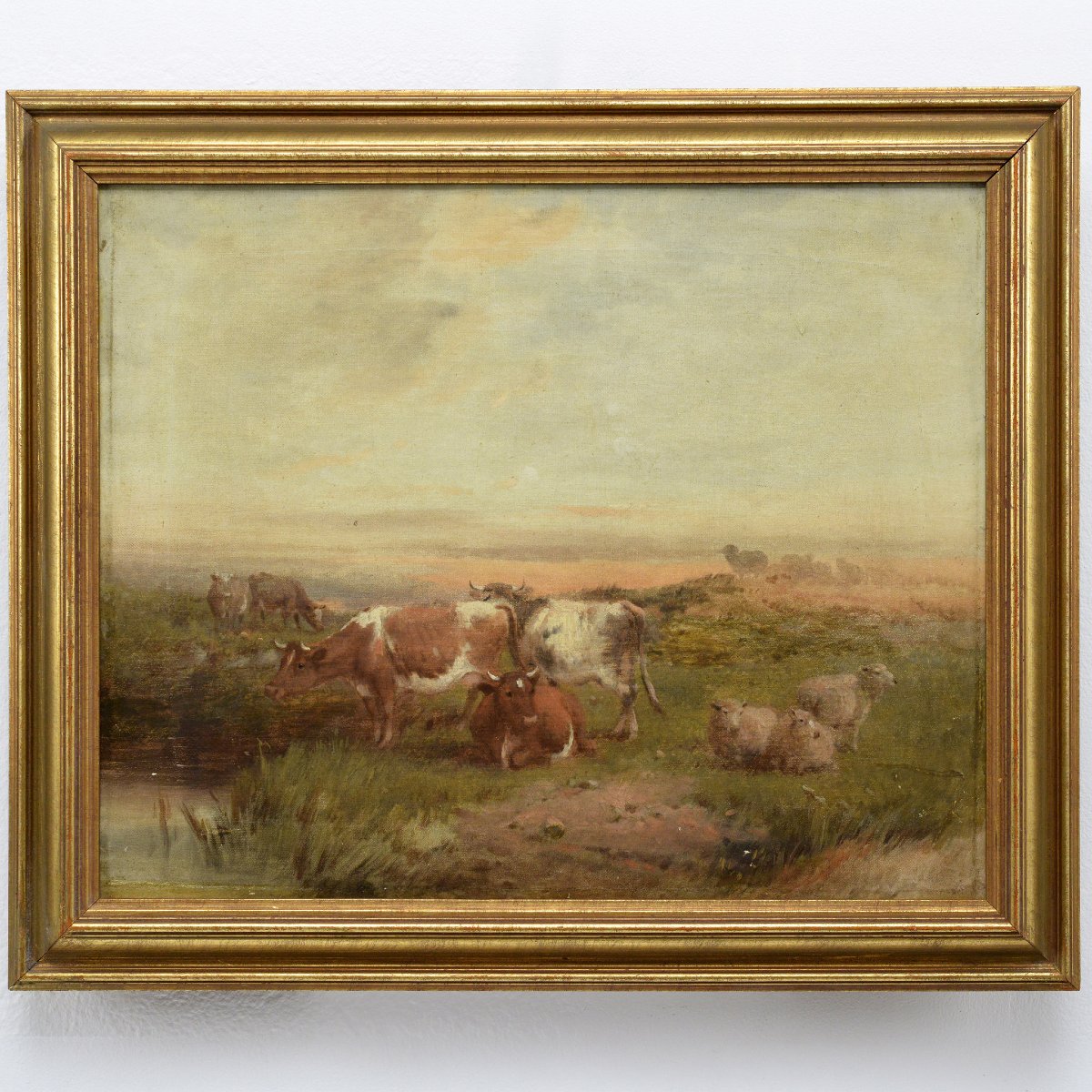 Paysage Pastoral Animalier Victorien 19e Siecle Vaches Moutons Huile Toile Signee