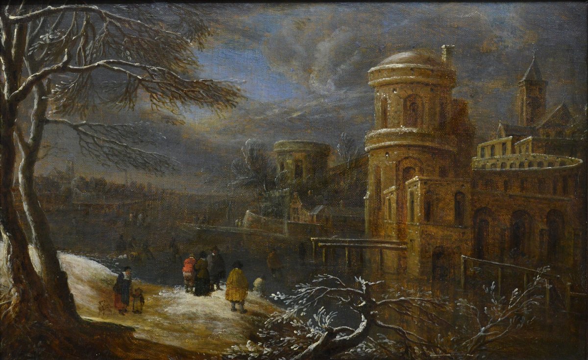Peinture Huile XVIIe Baroque Capriccio Hiver Paysage Cercle Ruisdael Cadre-photo-2