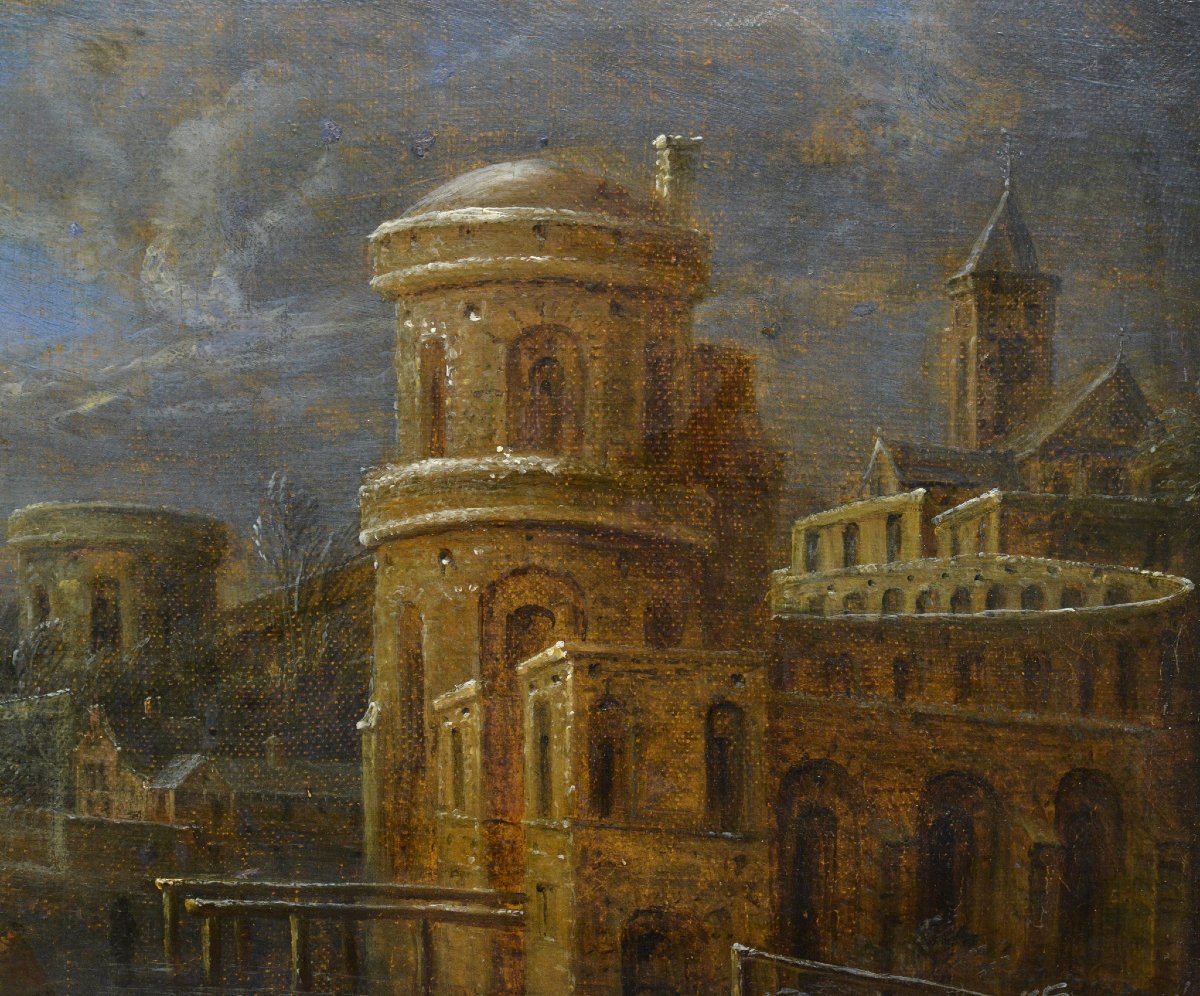 Peinture Huile XVIIe Baroque Capriccio Hiver Paysage Cercle Ruisdael Cadre-photo-3