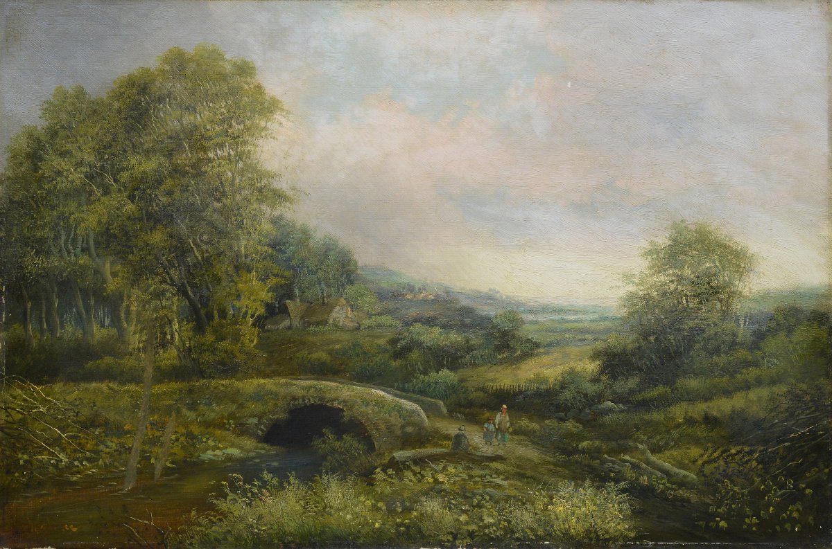 19th C Victorian Romantic Summer Landscape Old River Bridge Oil Canvas Signed-photo-2