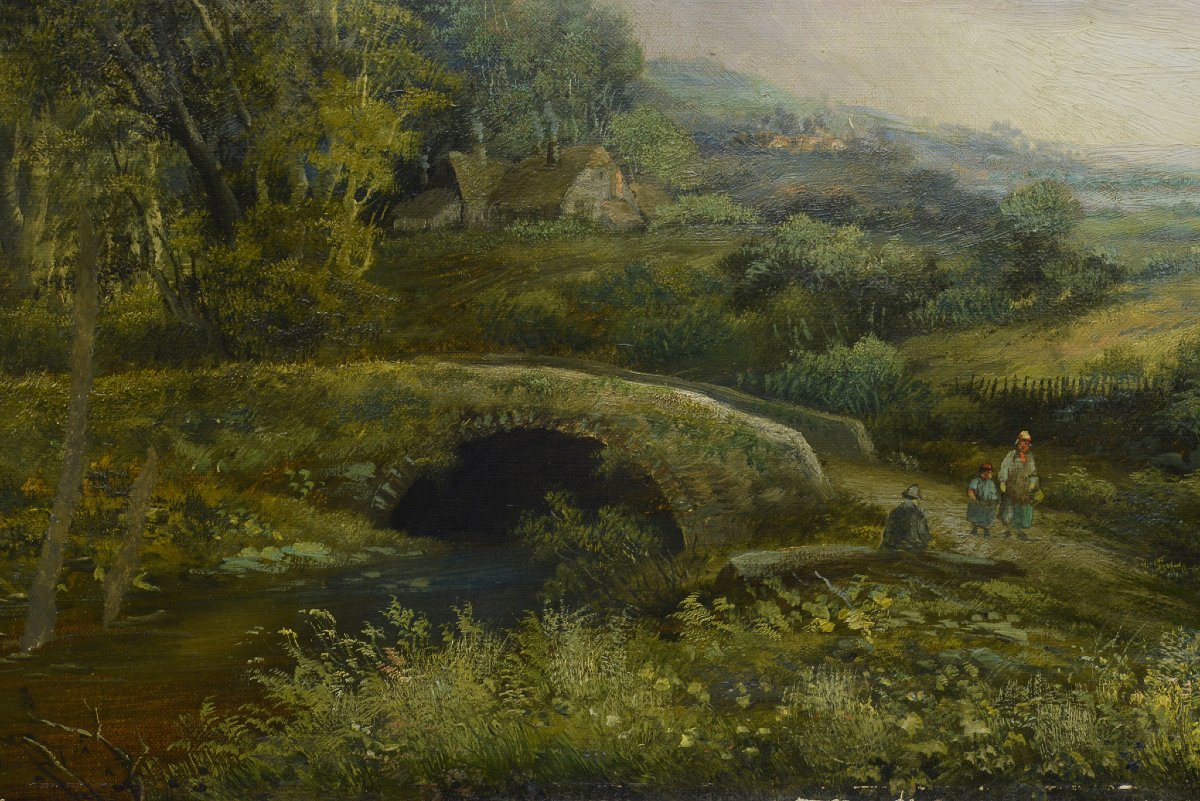 19th C Victorian Romantic Summer Landscape Old River Bridge Oil Canvas Signed-photo-3
