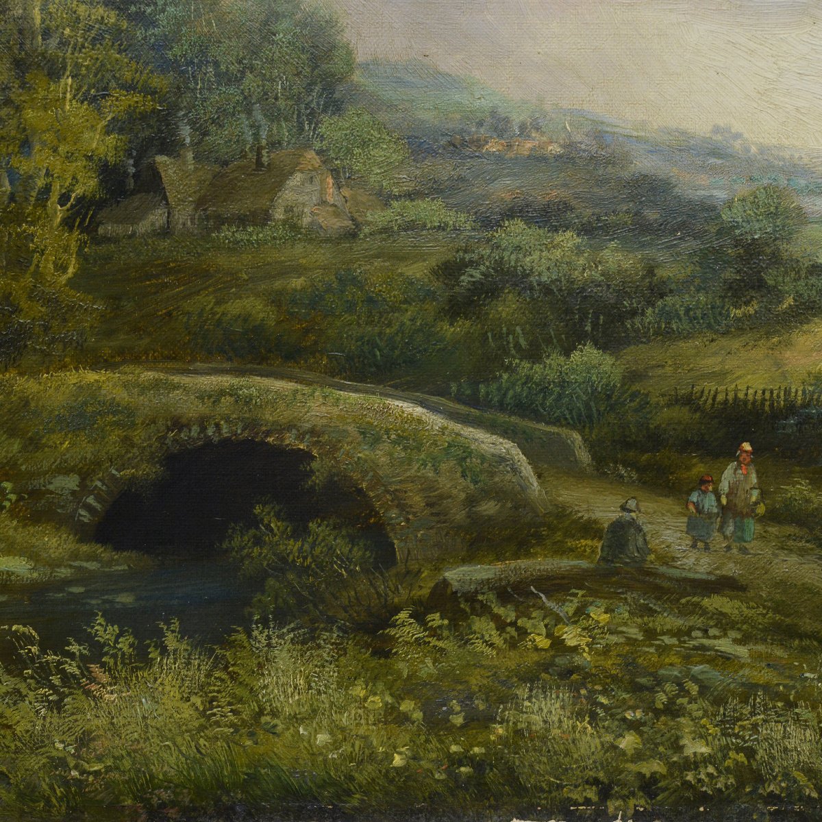 19th C Victorian Romantic Summer Landscape Old River Bridge Oil Canvas Signed-photo-4
