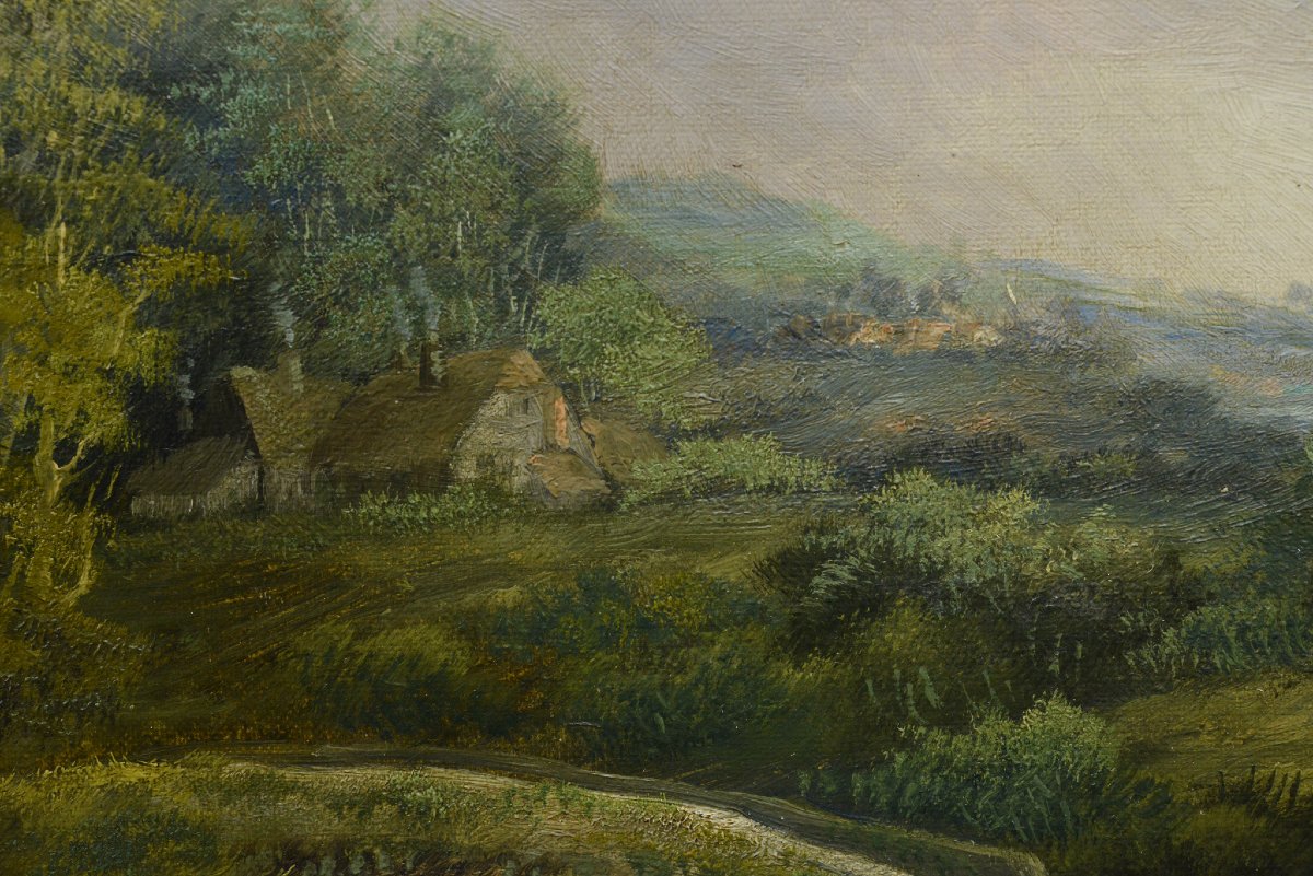 19th C Victorian Romantic Summer Landscape Old River Bridge Oil Canvas Signed-photo-1