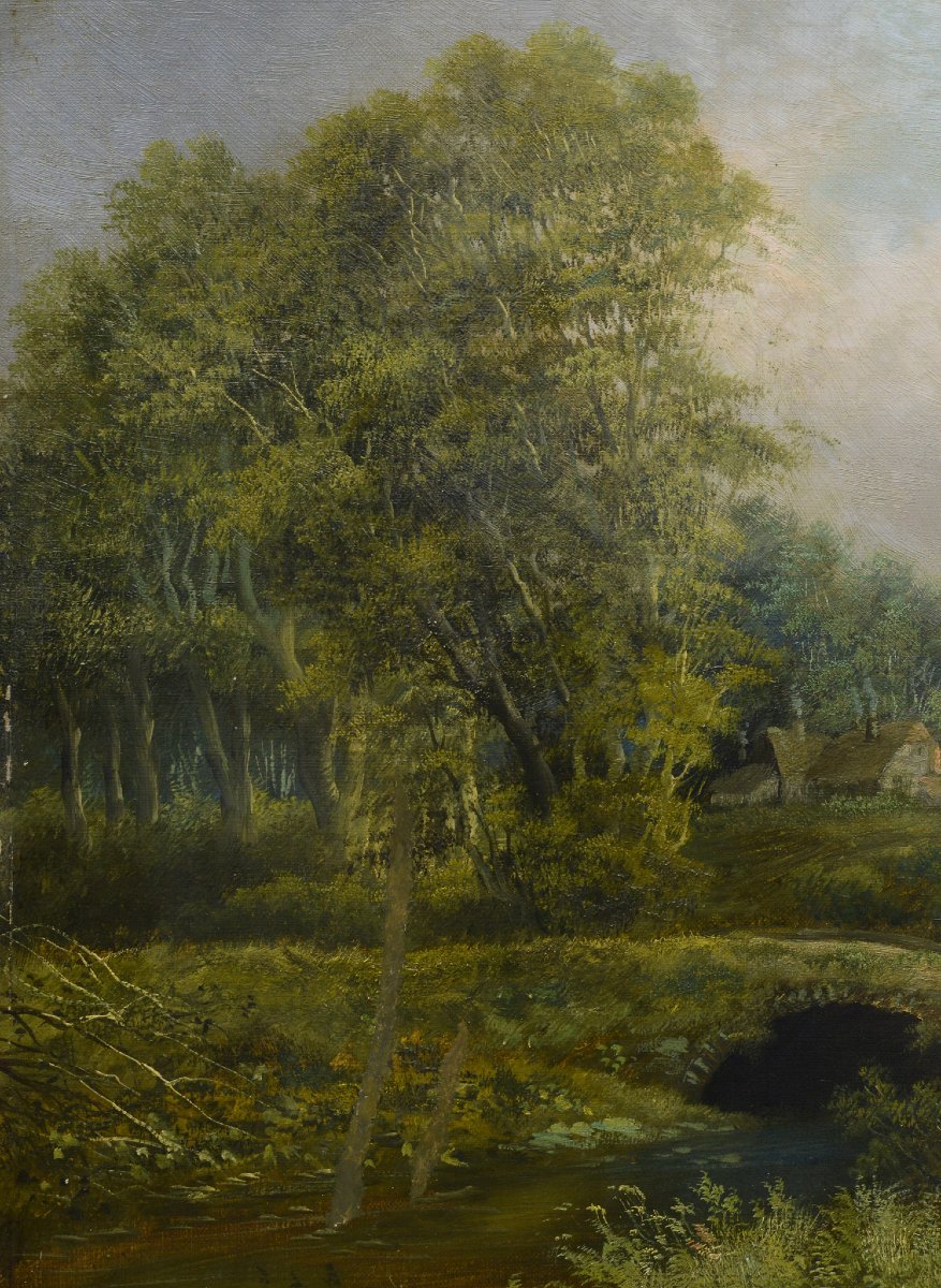19th C Victorian Romantic Summer Landscape Old River Bridge Oil Canvas Signed-photo-2