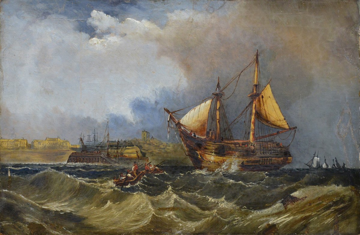 19th Century British Romantic Marine Oil Painting Sailing Ship Arrival Signed-photo-2