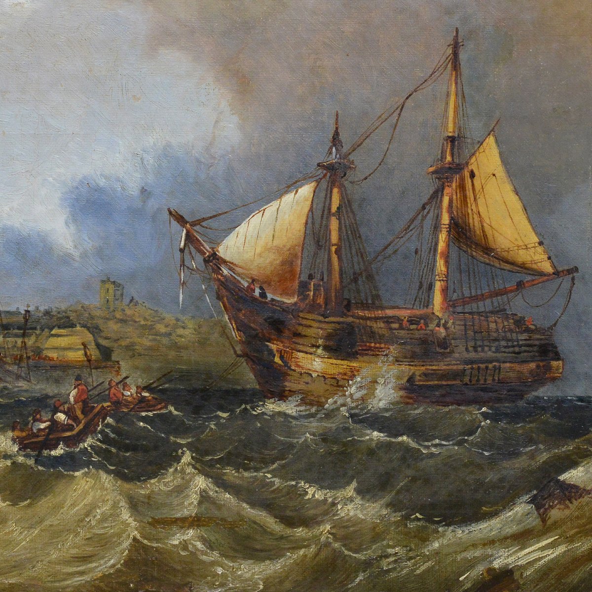 19th Century British Romantic Marine Oil Painting Sailing Ship Arrival Signed-photo-3