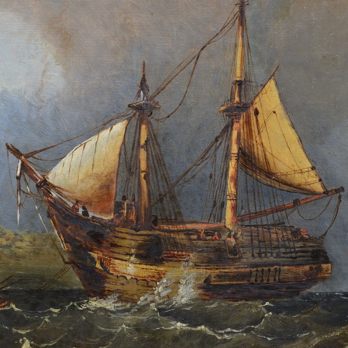 19th Century British Romantic Marine Oil Painting Sailing Ship Arrival Signed-photo-4