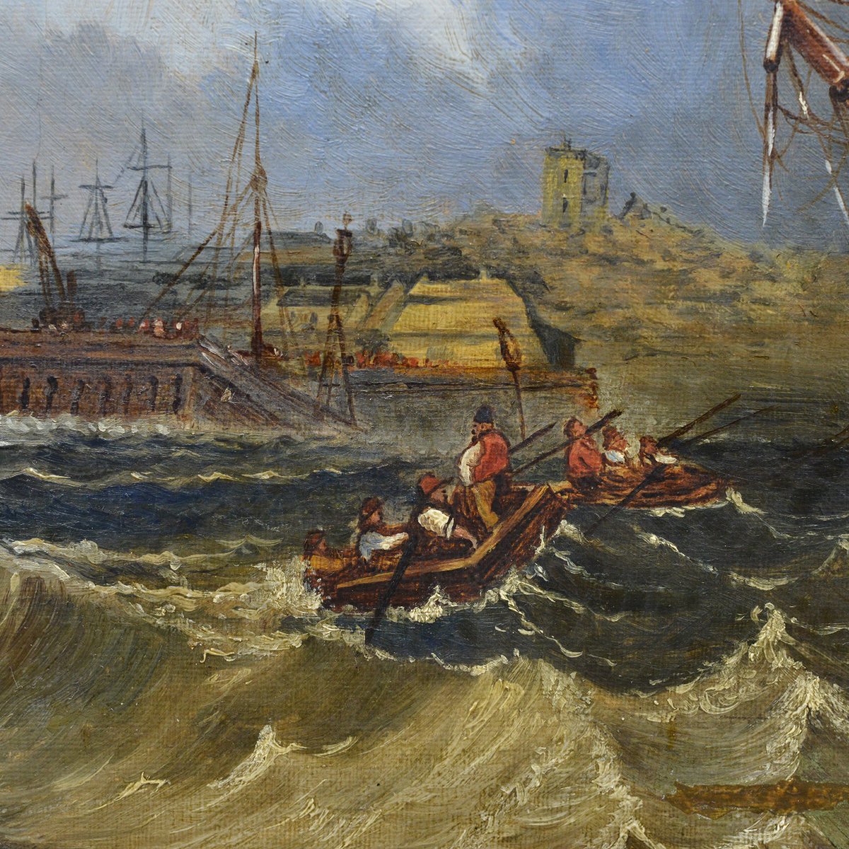 19th Century British Romantic Marine Oil Painting Sailing Ship Arrival Signed-photo-1