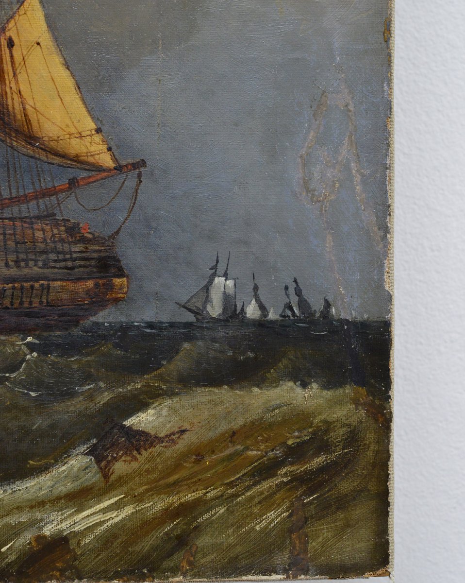 19th Century British Romantic Marine Oil Painting Sailing Ship Arrival Signed-photo-2