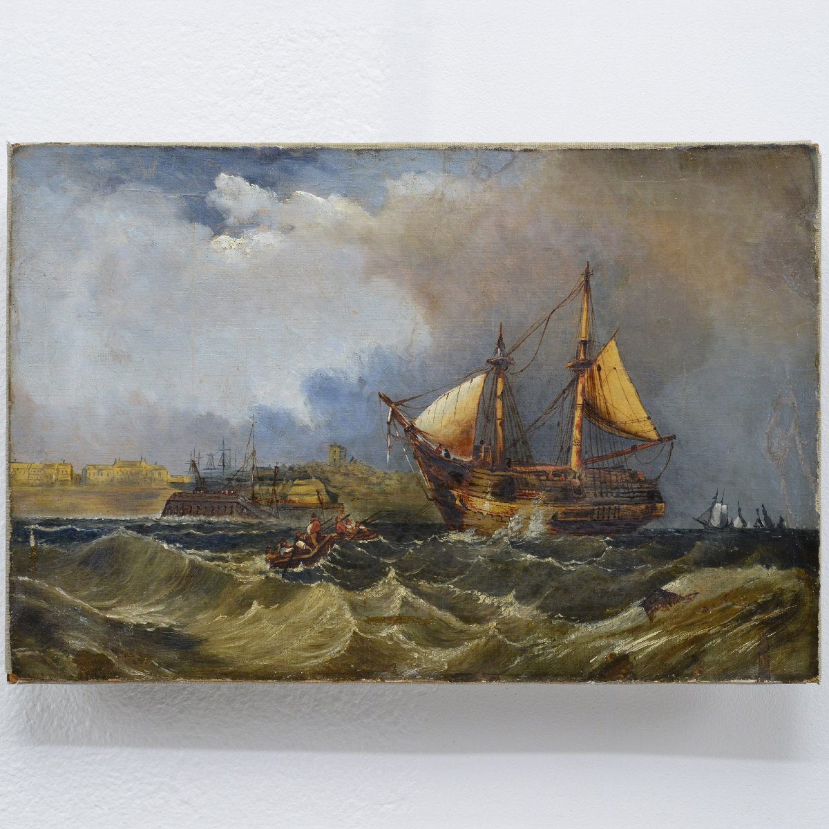 19th Century British Romantic Marine Oil Painting Sailing Ship Arrival Signed