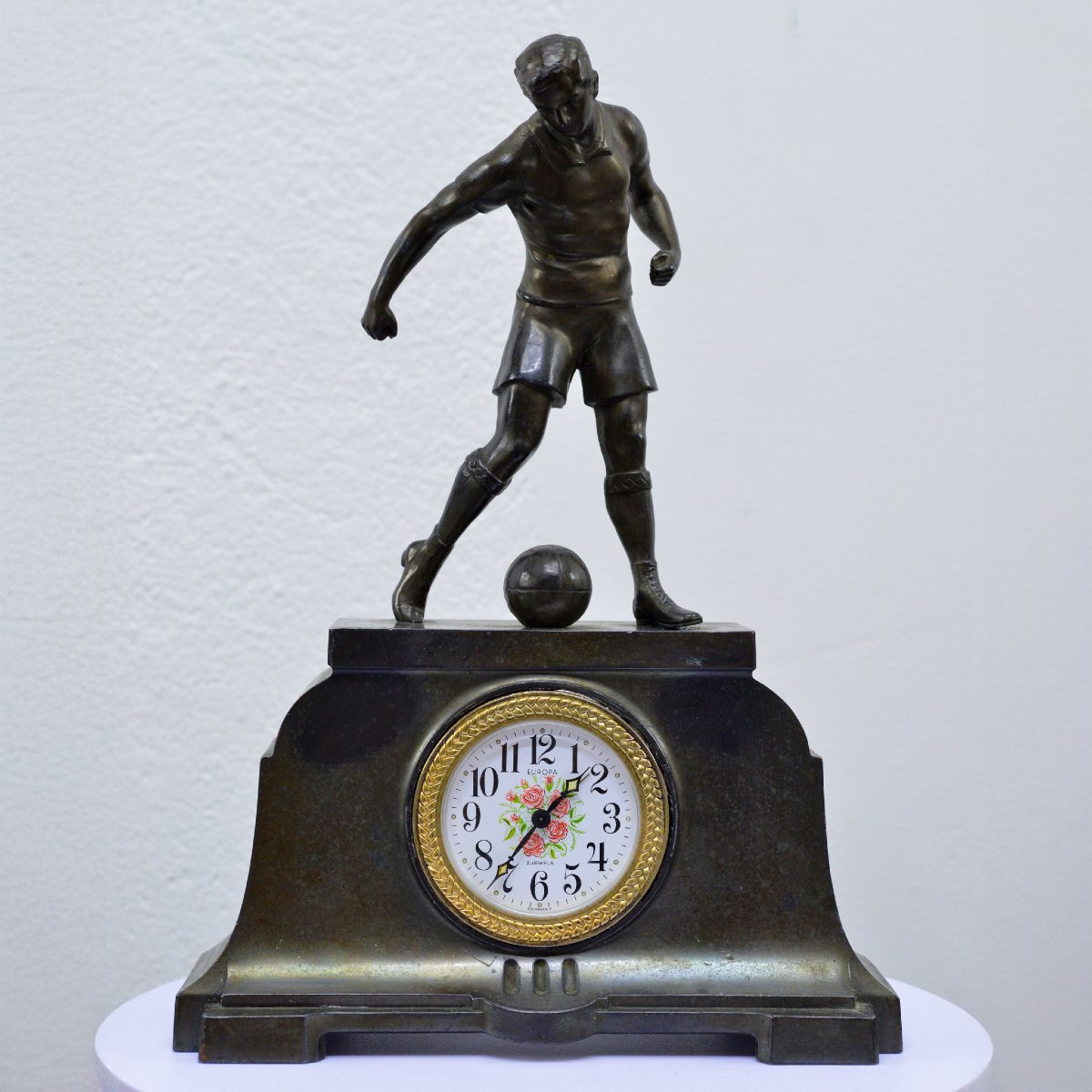 Mid Century Art Deco Style German Vintage Mantel Clock Footballer Patina