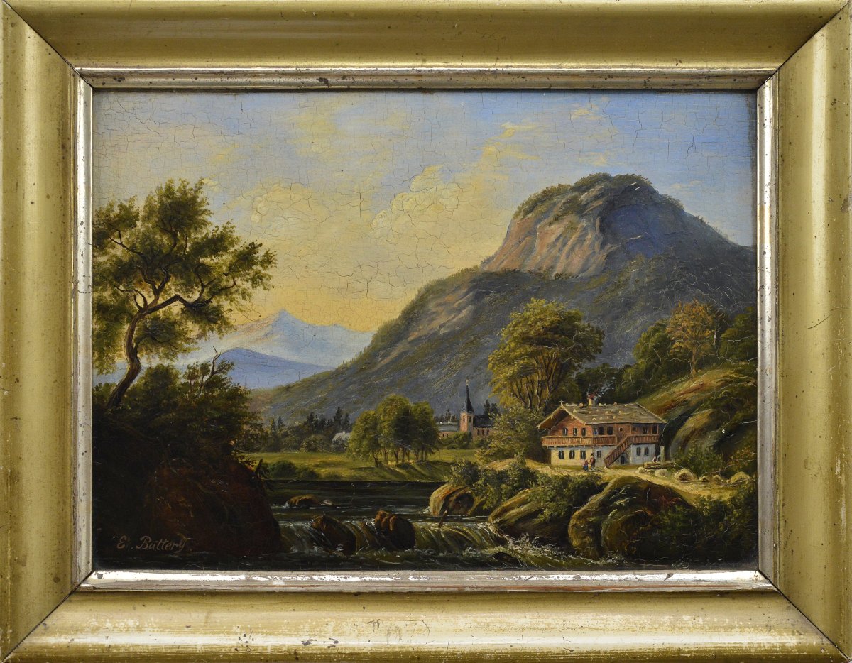 19th Century Victorian Romantic Landscape Alpine Idyll Oil Wooden Panel Signed-photo-2