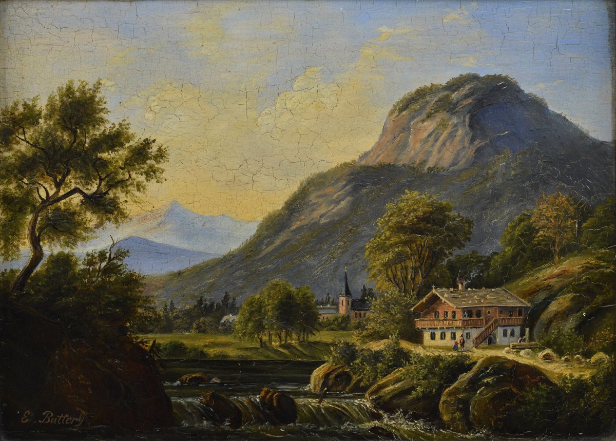 19th Century Victorian Romantic Landscape Alpine Idyll Oil Wooden Panel Signed-photo-3