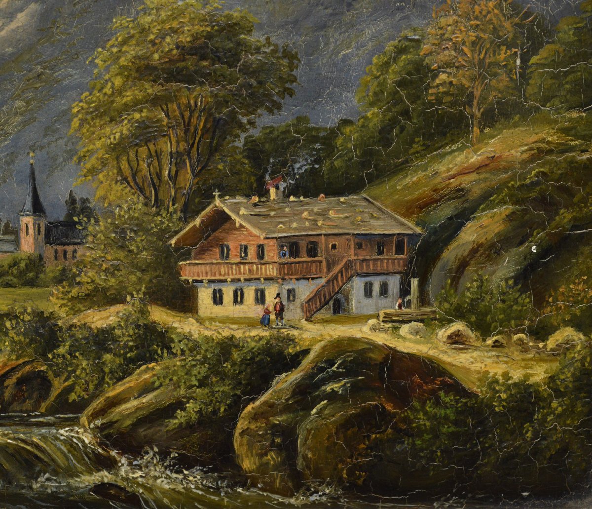 19th Century Victorian Romantic Landscape Alpine Idyll Oil Wooden Panel Signed-photo-4