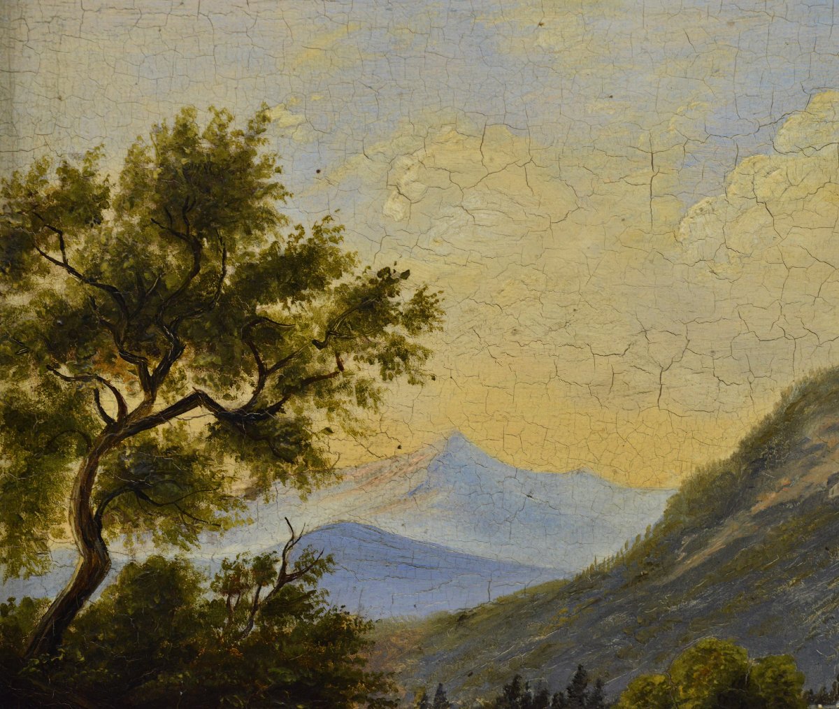 19th Century Victorian Romantic Landscape Alpine Idyll Oil Wooden Panel Signed-photo-3