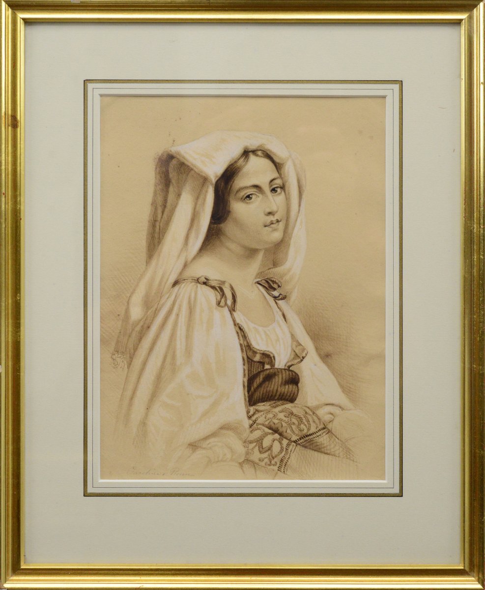 Portrait Romantique Jeune Femme 19e Siecle Costume Traditionnel Techniques Mixtes Encadre-photo-2