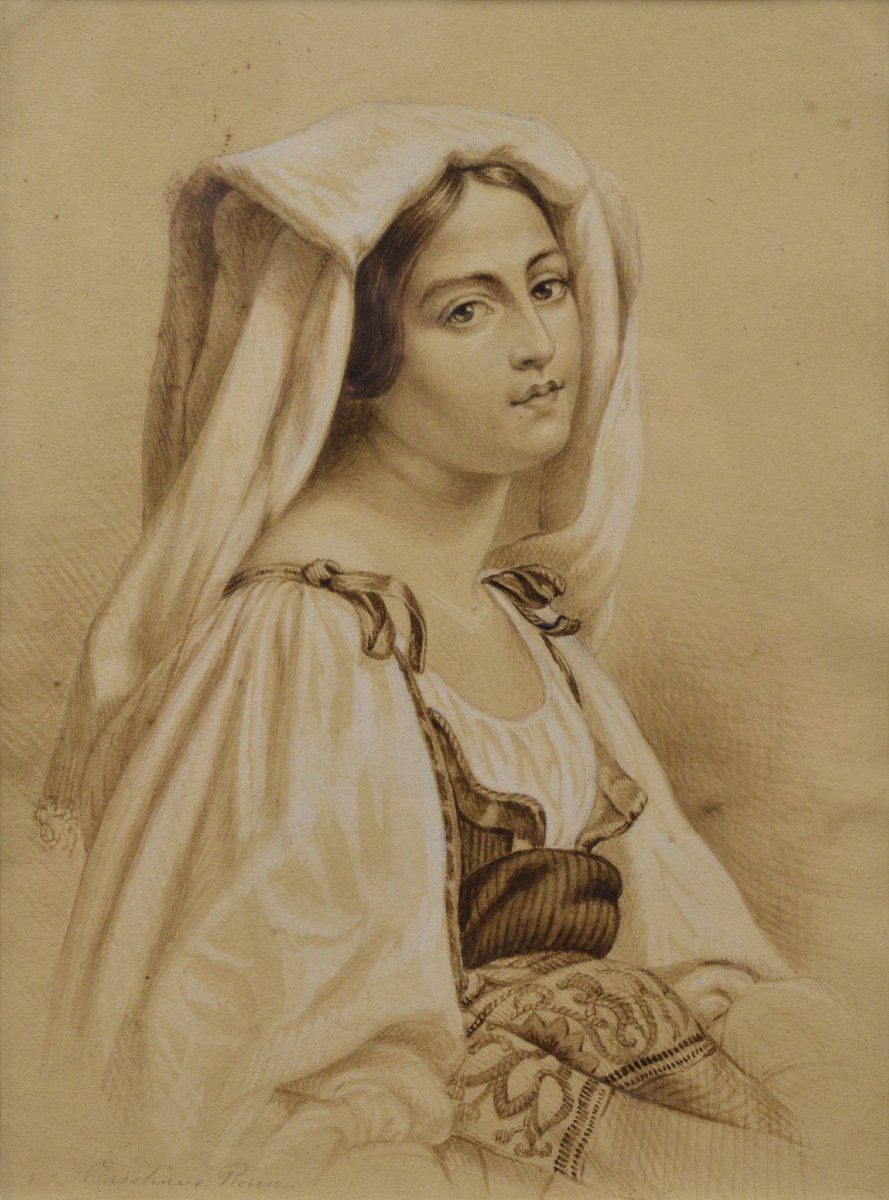 Portrait Romantique Jeune Femme 19e Siecle Costume Traditionnel Techniques Mixtes Encadre-photo-3