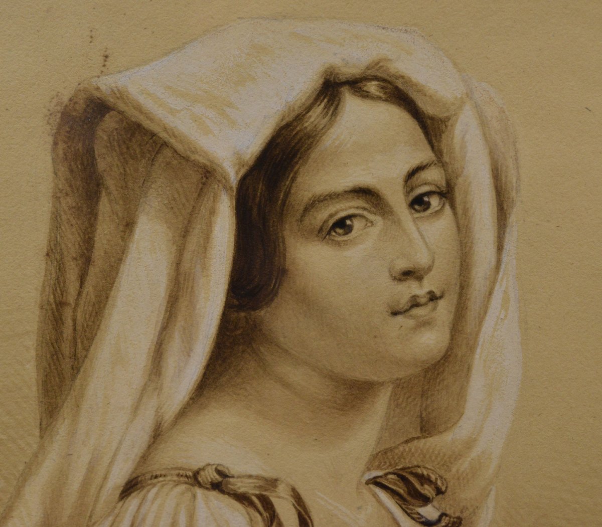 Portrait Romantique Jeune Femme 19e Siecle Costume Traditionnel Techniques Mixtes Encadre-photo-4