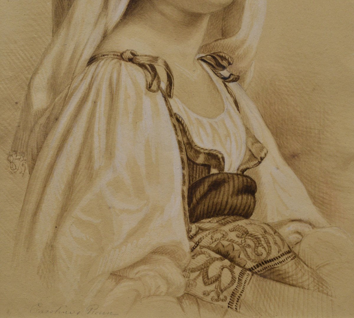 Portrait Romantique Jeune Femme 19e Siecle Costume Traditionnel Techniques Mixtes Encadre-photo-2
