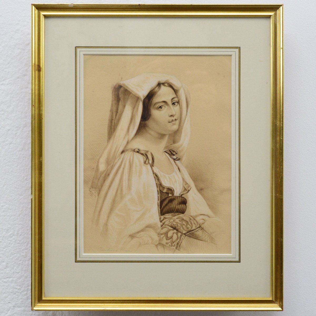 Portrait Romantique Jeune Femme 19e Siecle Costume Traditionnel Techniques Mixtes Encadre