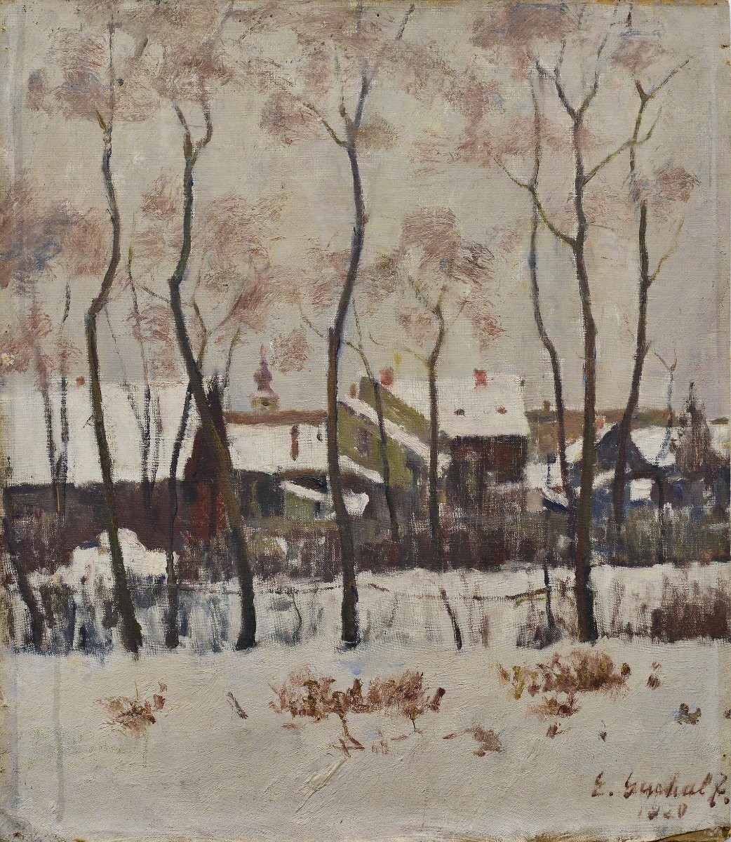 Early 20th C Hungarian Impressionist Winter Landscape Oil Canvas Signed Gachal-photo-2