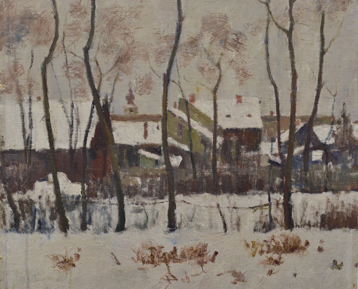 Early 20th C Hungarian Impressionist Winter Landscape Oil Canvas Signed Gachal-photo-3