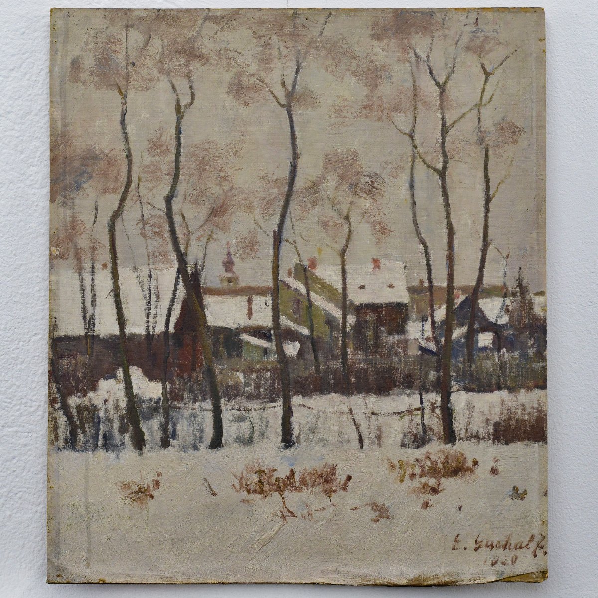 Early 20th C Hungarian Impressionist Winter Landscape Oil Canvas Signed Gachal