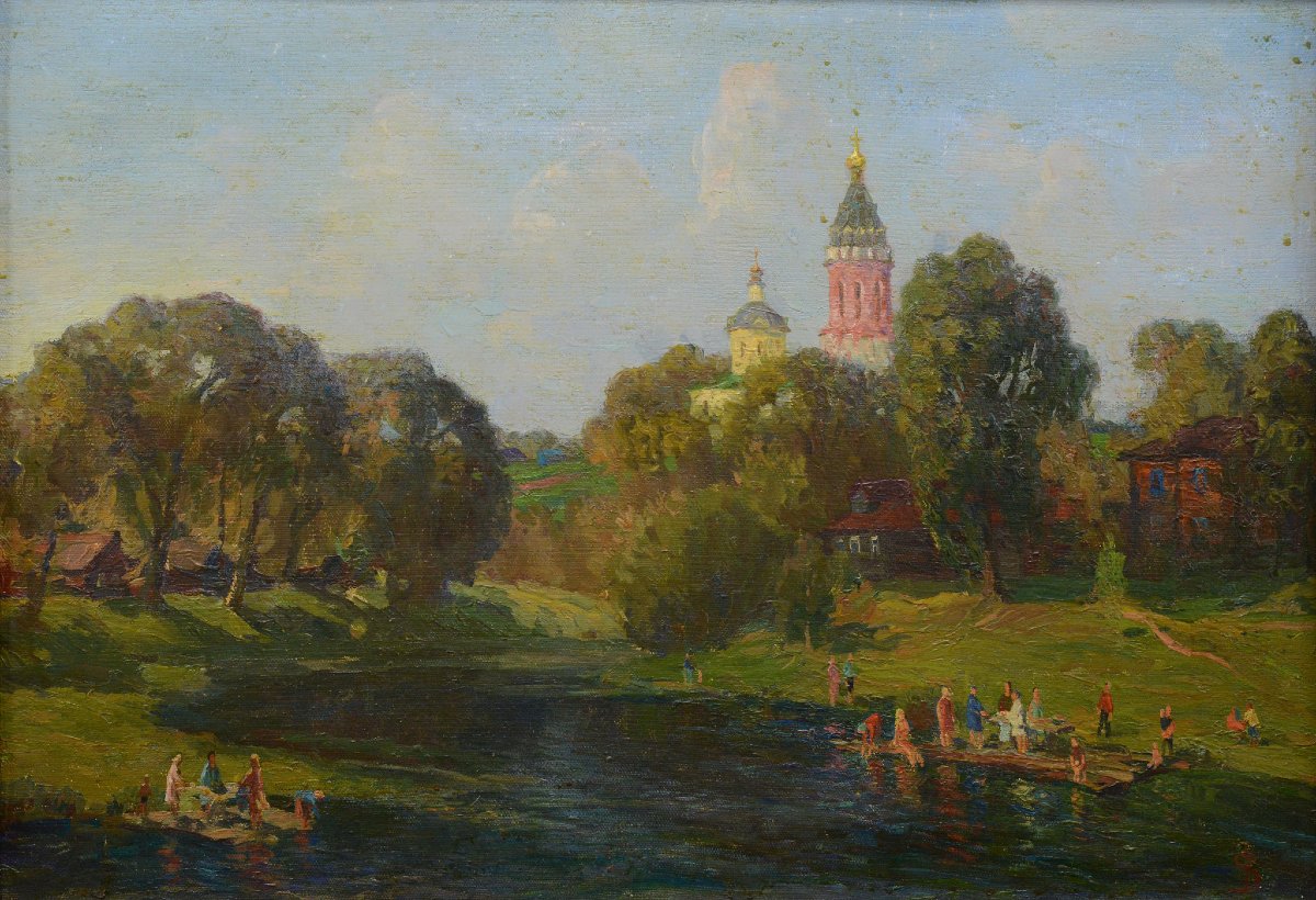 20th C Russian Realism Summer Landscape Bathers Oil Canvas Signed Fedulov Framed-photo-2