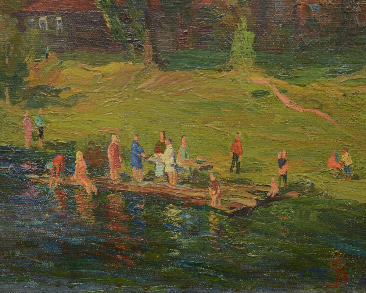 20th C Russian Realism Summer Landscape Bathers Oil Canvas Signed Fedulov Framed-photo-1
