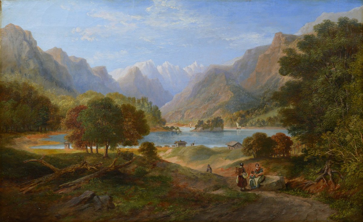19th Century European Romantic Panoramic Alpine Lake Landscape Oil Canvas Signed-photo-2