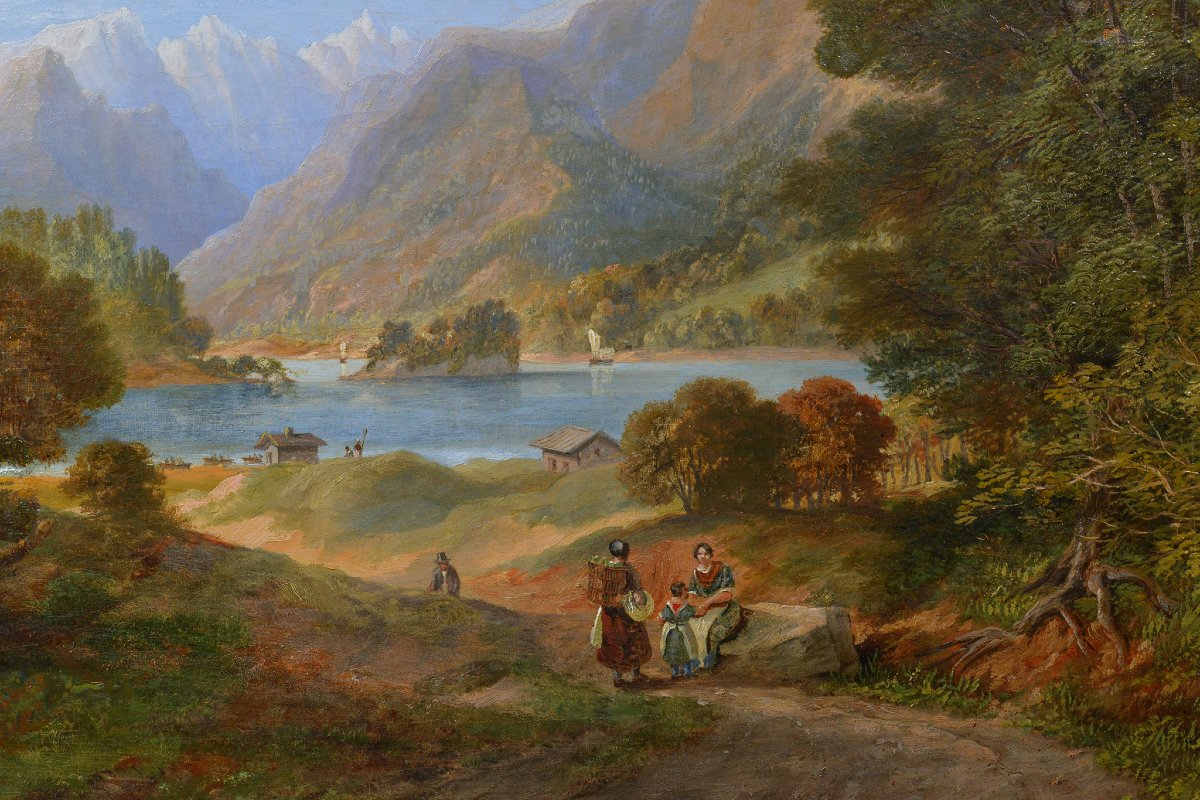 19th Century European Romantic Panoramic Alpine Lake Landscape Oil Canvas Signed-photo-3