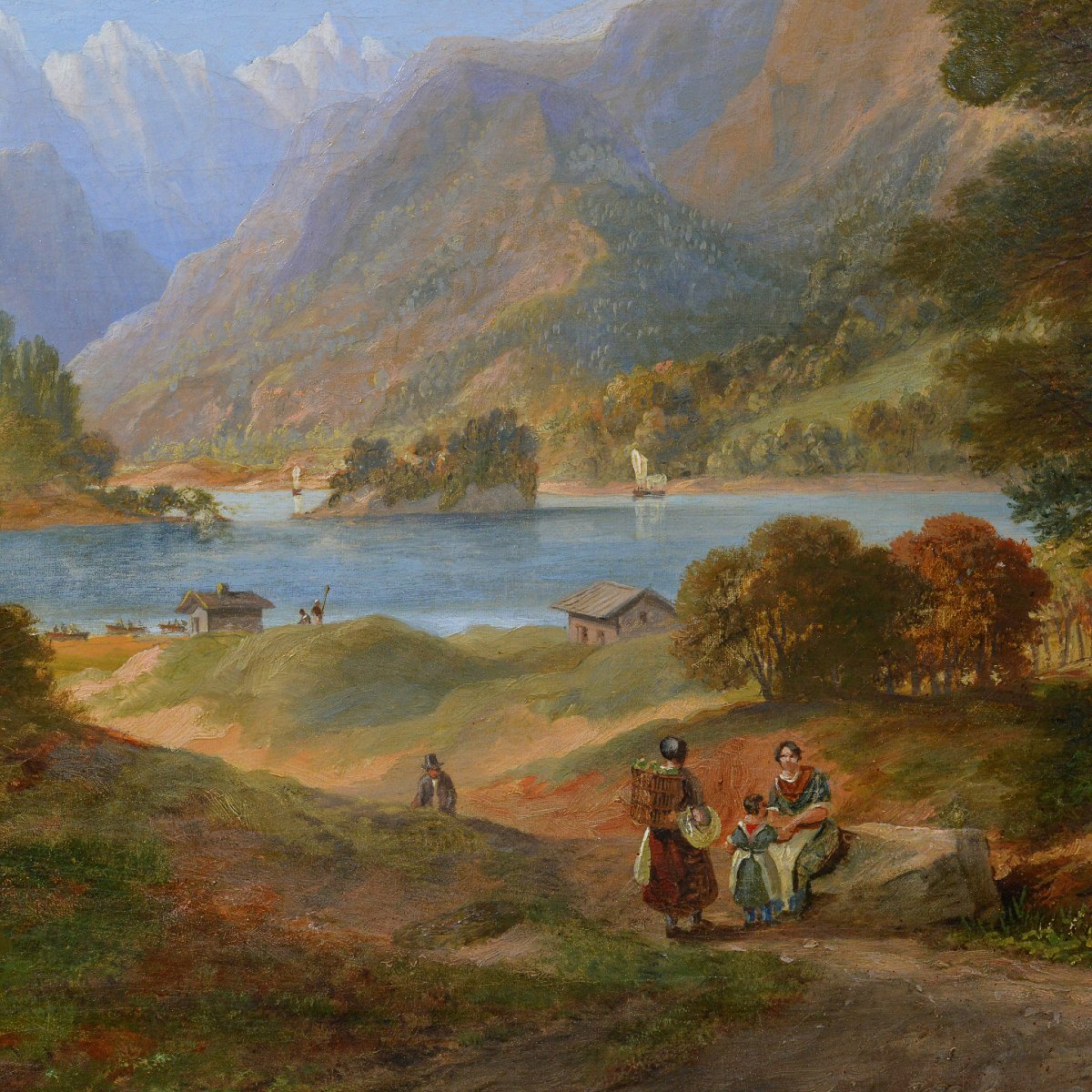 19th Century European Romantic Panoramic Alpine Lake Landscape Oil Canvas Signed-photo-4
