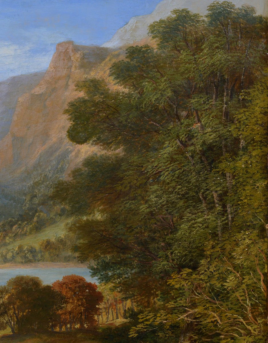 19th Century European Romantic Panoramic Alpine Lake Landscape Oil Canvas Signed-photo-1
