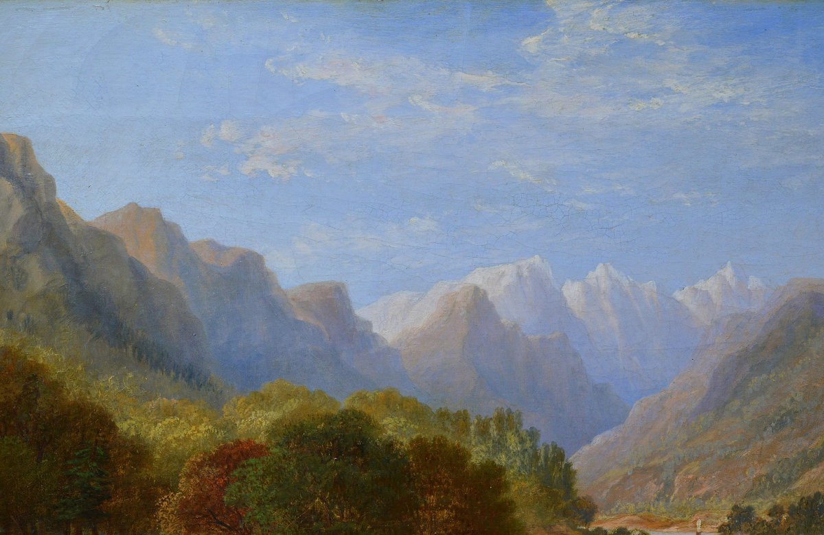 19th Century European Romantic Panoramic Alpine Lake Landscape Oil Canvas Signed-photo-2