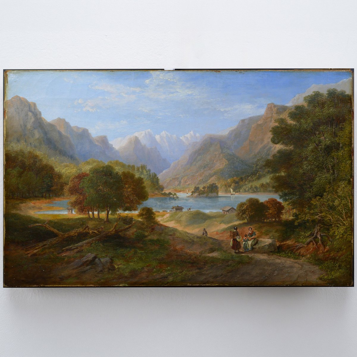 19th Century European Romantic Panoramic Alpine Lake Landscape Oil Canvas Signed