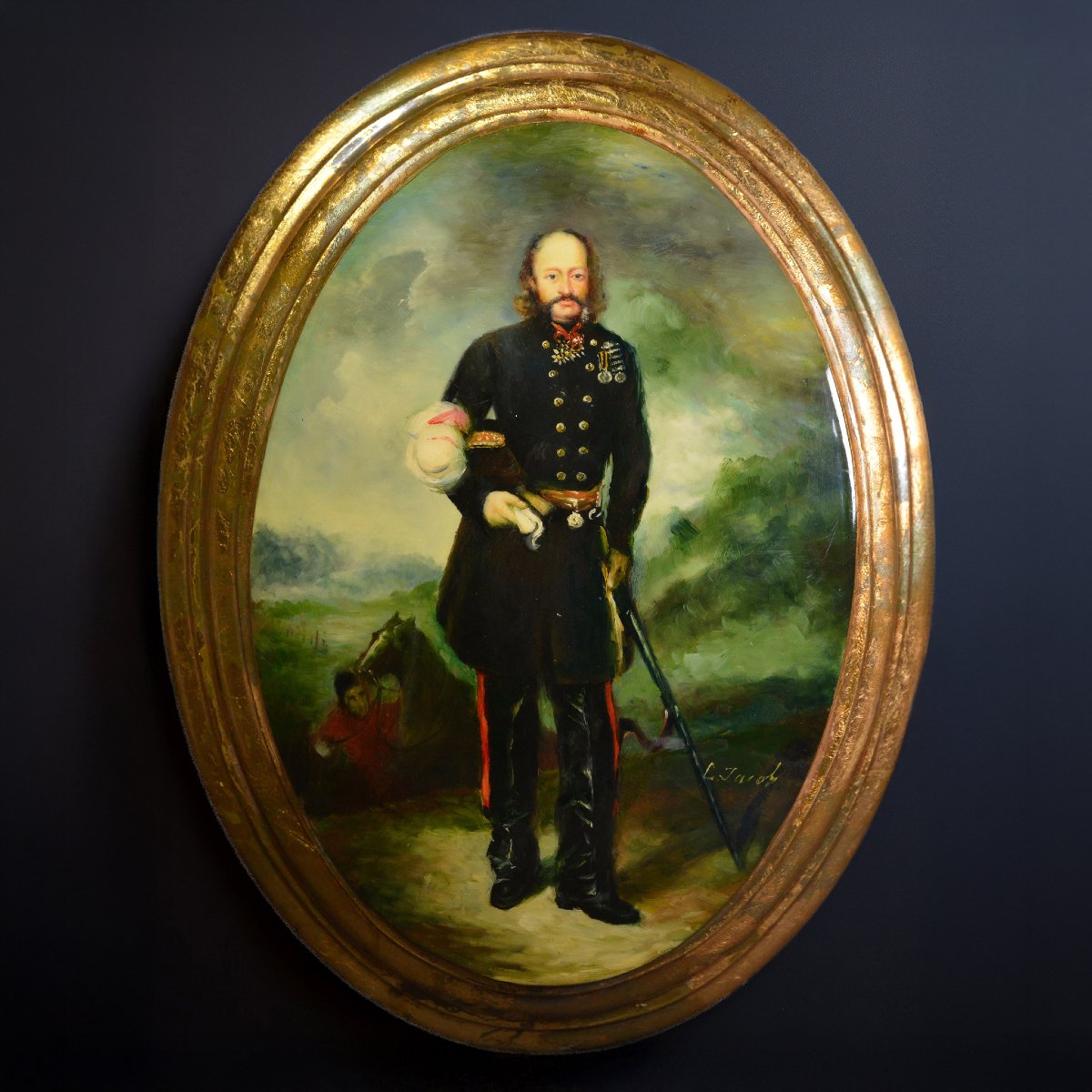 Portrait Victorien 19e Siecle Marechal Britannique George Bingham Huile Panneau Signe