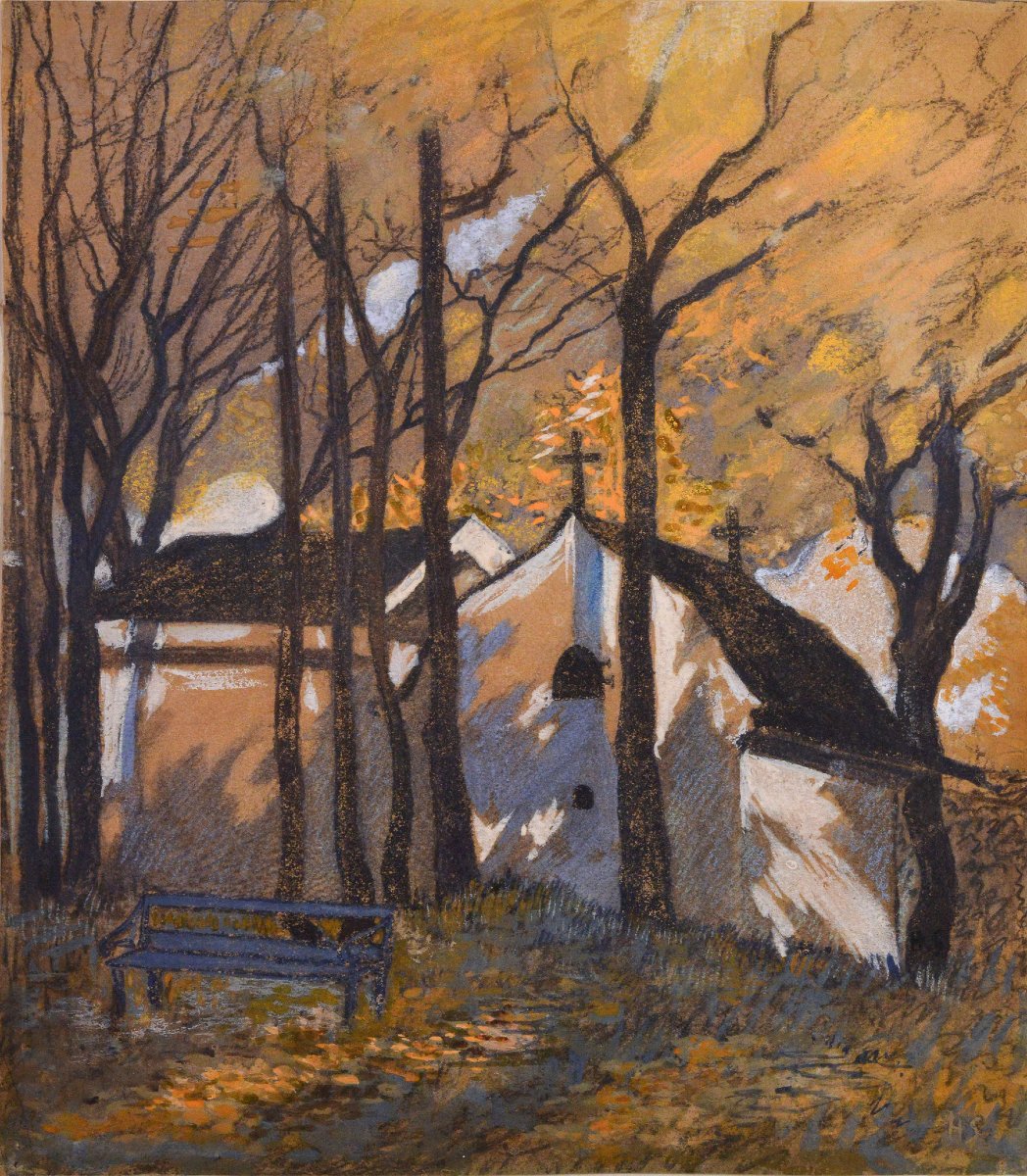 Paysage Automnal Post Impressionnisme Début 20e Siècle Technique Mixte Signé Encadré-photo-3