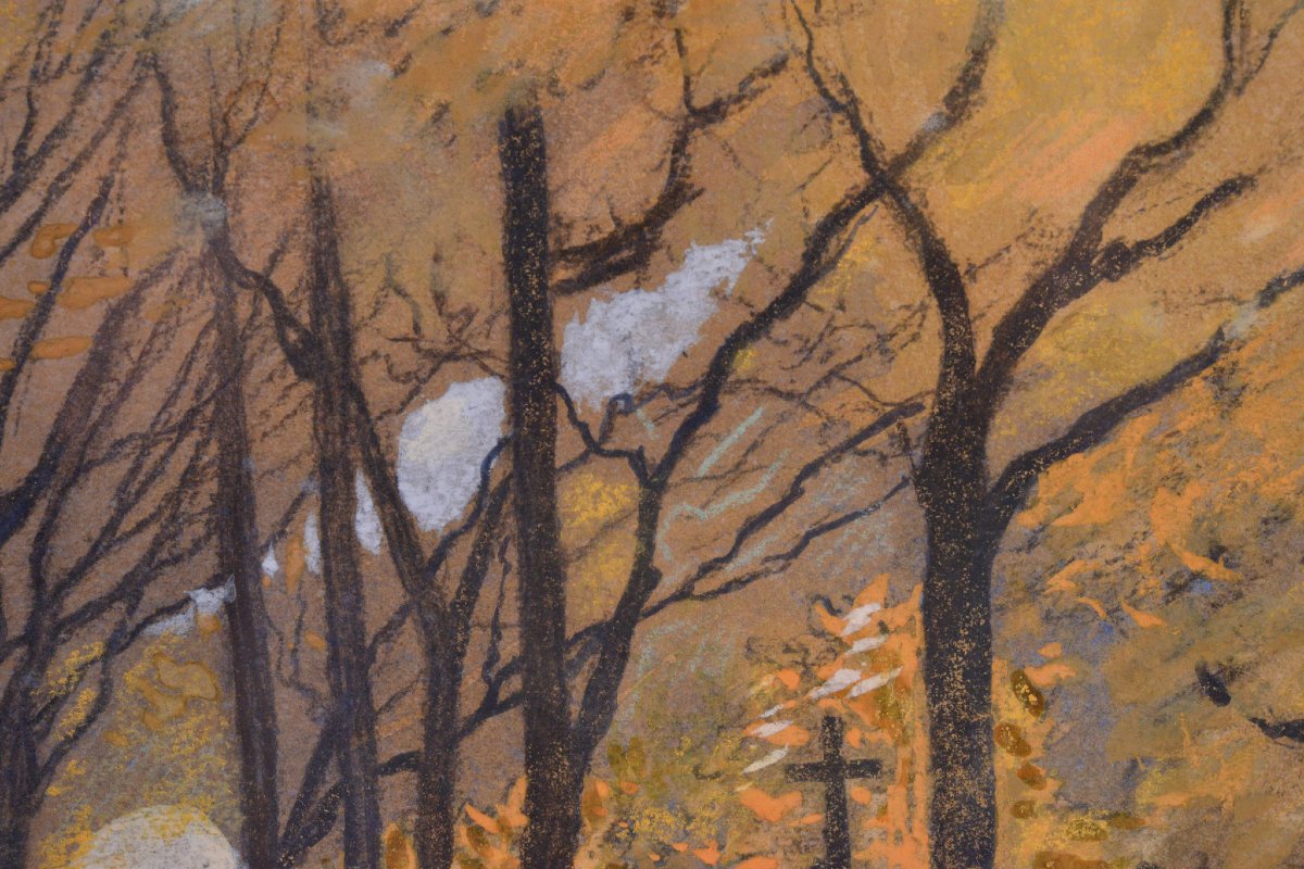 Paysage Automnal Post Impressionnisme Début 20e Siècle Technique Mixte Signé Encadré-photo-2