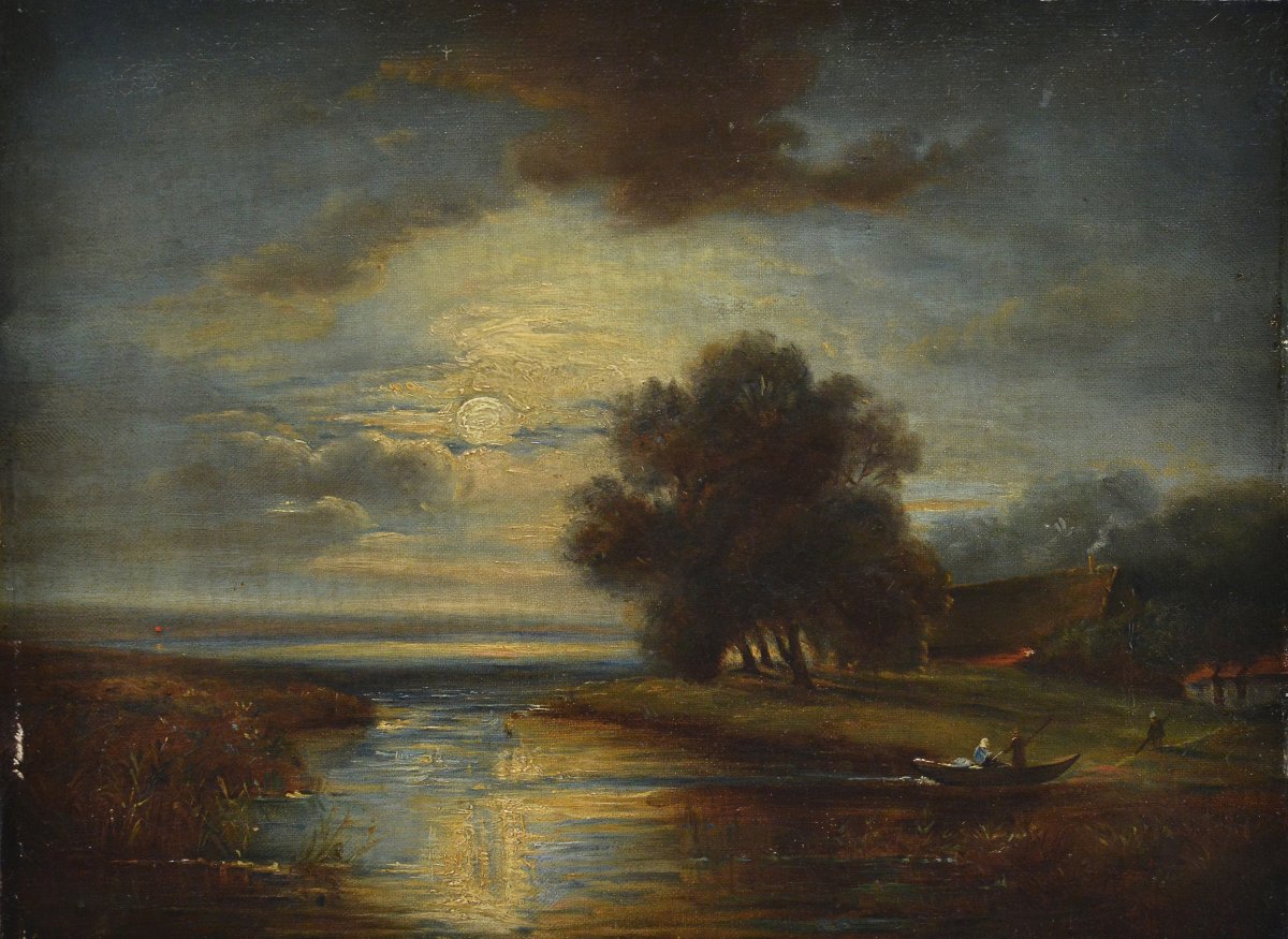 19th Century European Romantic Moonlit River Landscape Oil Canvas Signed-photo-2