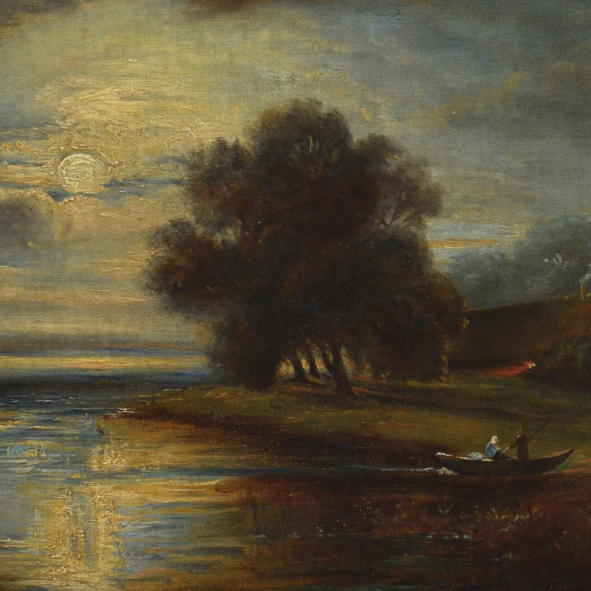 19th Century European Romantic Moonlit River Landscape Oil Canvas Signed-photo-3