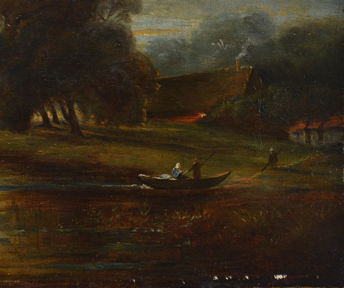 19th Century European Romantic Moonlit River Landscape Oil Canvas Signed-photo-2