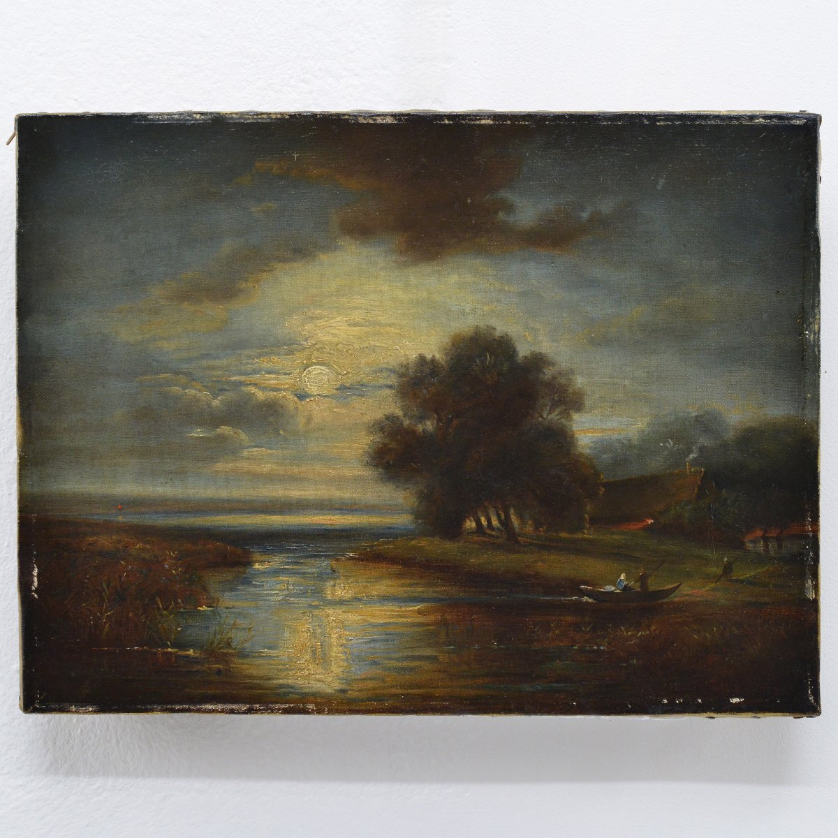 19th Century European Romantic Moonlit River Landscape Oil Canvas Signed