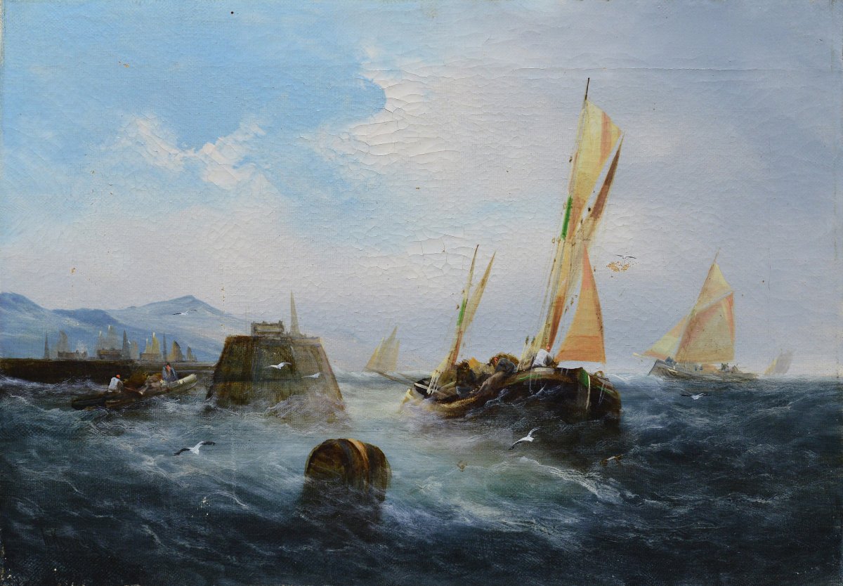19e Siecle Paysage Marin Romantique Britannique Huile Sur Toile Bateaux Peche Signee-photo-2