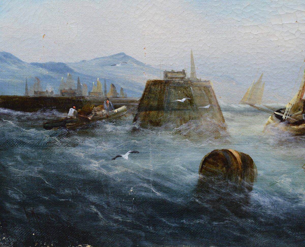 19e Siecle Paysage Marin Romantique Britannique Huile Sur Toile Bateaux Peche Signee-photo-3