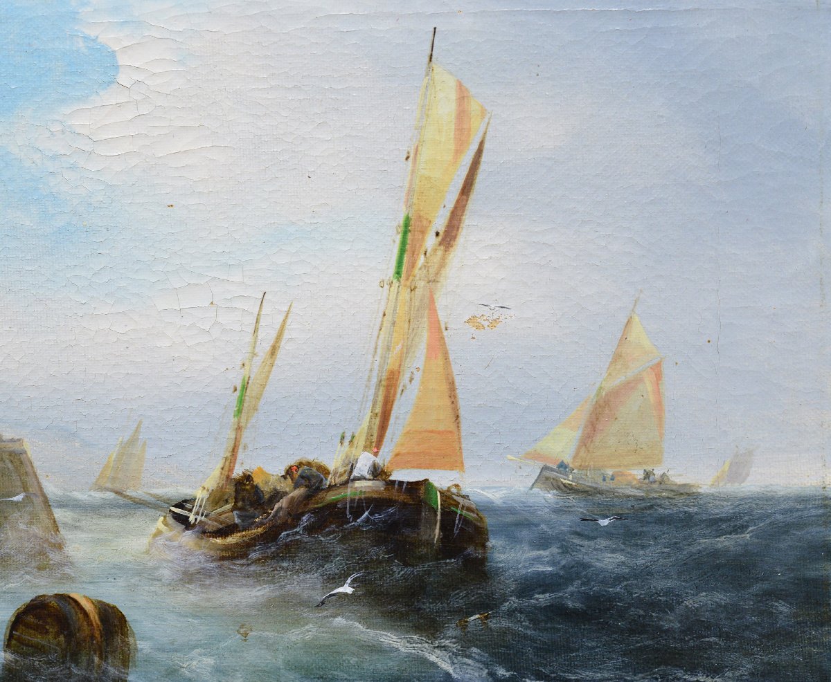 19e Siecle Paysage Marin Romantique Britannique Huile Sur Toile Bateaux Peche Signee-photo-4