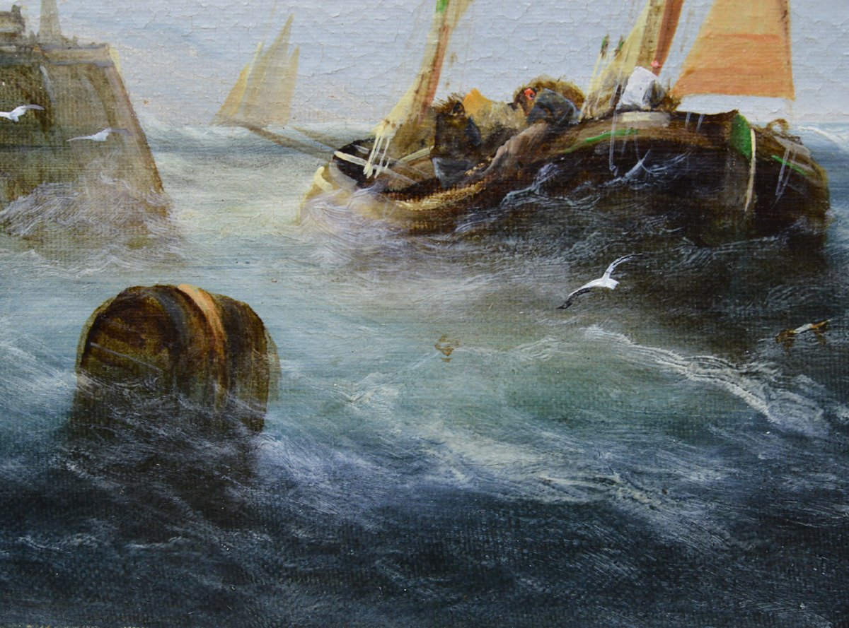 19e Siecle Paysage Marin Romantique Britannique Huile Sur Toile Bateaux Peche Signee-photo-1